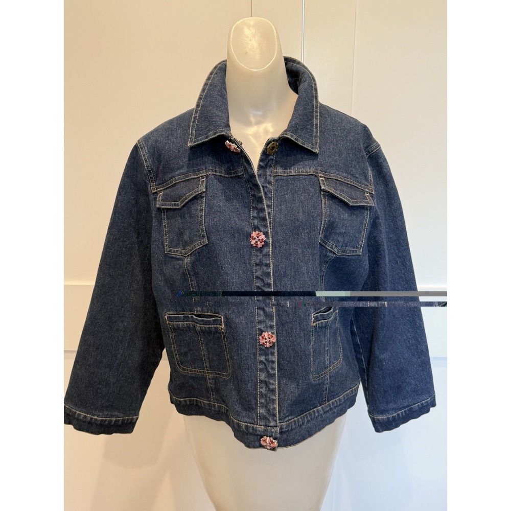 British Khaki Denim Jacket Women's 100% Silk Lined Floral Gem Snap Closure XL